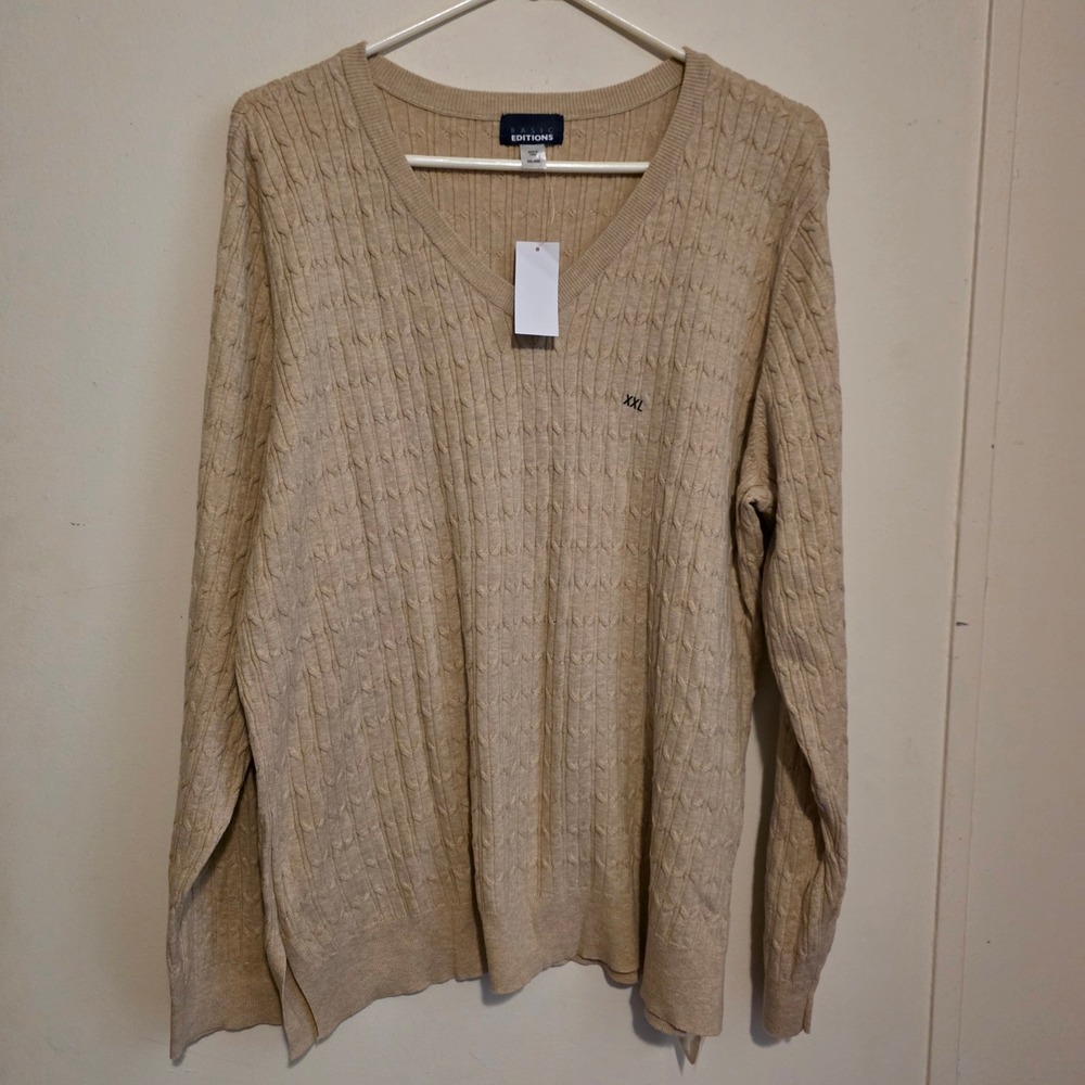 Womens Cable Knit Fisherman Sweater Size XXL Tan V Neck Preppy Minimalist